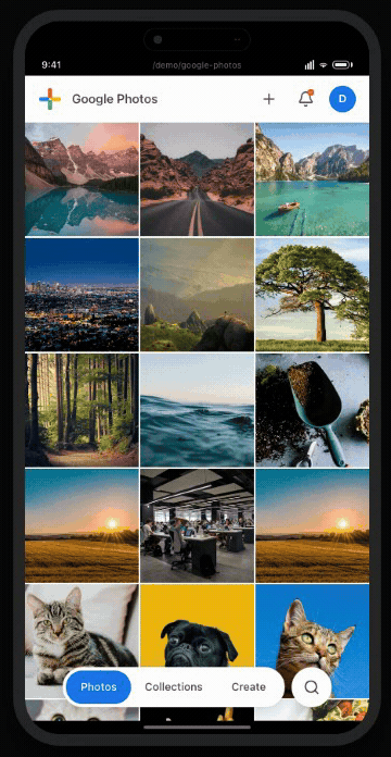 A photo morphs into its detail position while the surrounding pages fade.