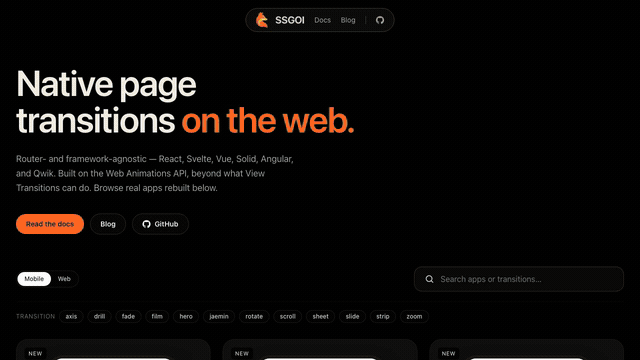 The ssgoi.dev home page and an Airbnb demo detail page replace each other with upward web-page motion.